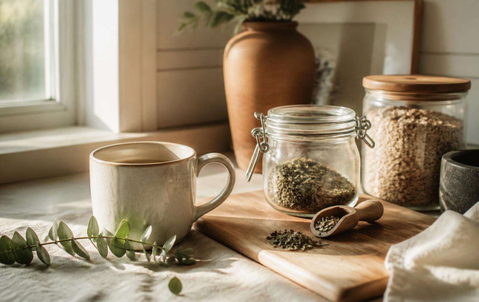 A sunlit kitchen counter with glass jars, a wooden board and a ceramic mug